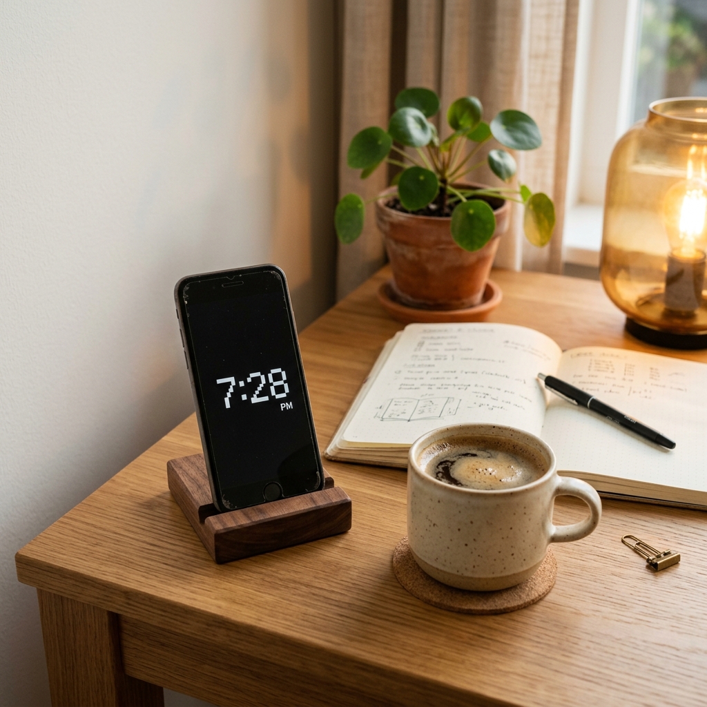 Chiếc đồng hồ thông minh để bàn được tái sử dụng trên giá đỡ gỗ