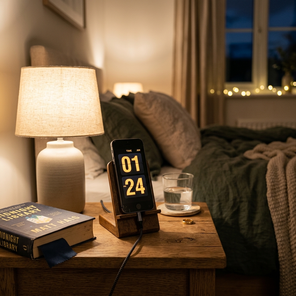 An old iPhone transformed into an aesthetic retro flip clock on a cozy nighttime wooden nightstand