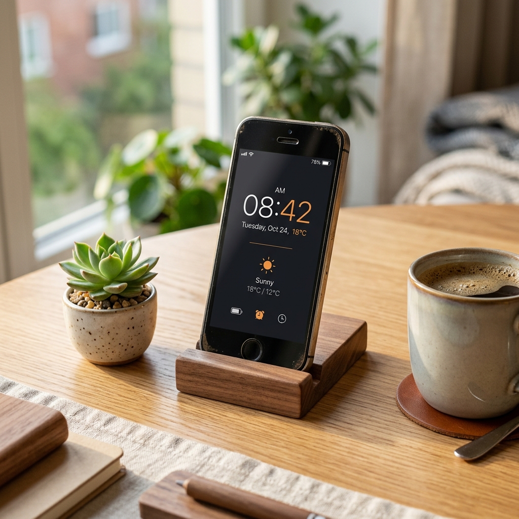 An aesthetic upcycled smartphone on a wooden desk stand serving as a smart clock and weather display