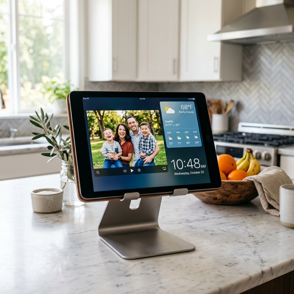 An old tablet mounted on a modern kitchen counter stand serving as a family photo and weather dashboard