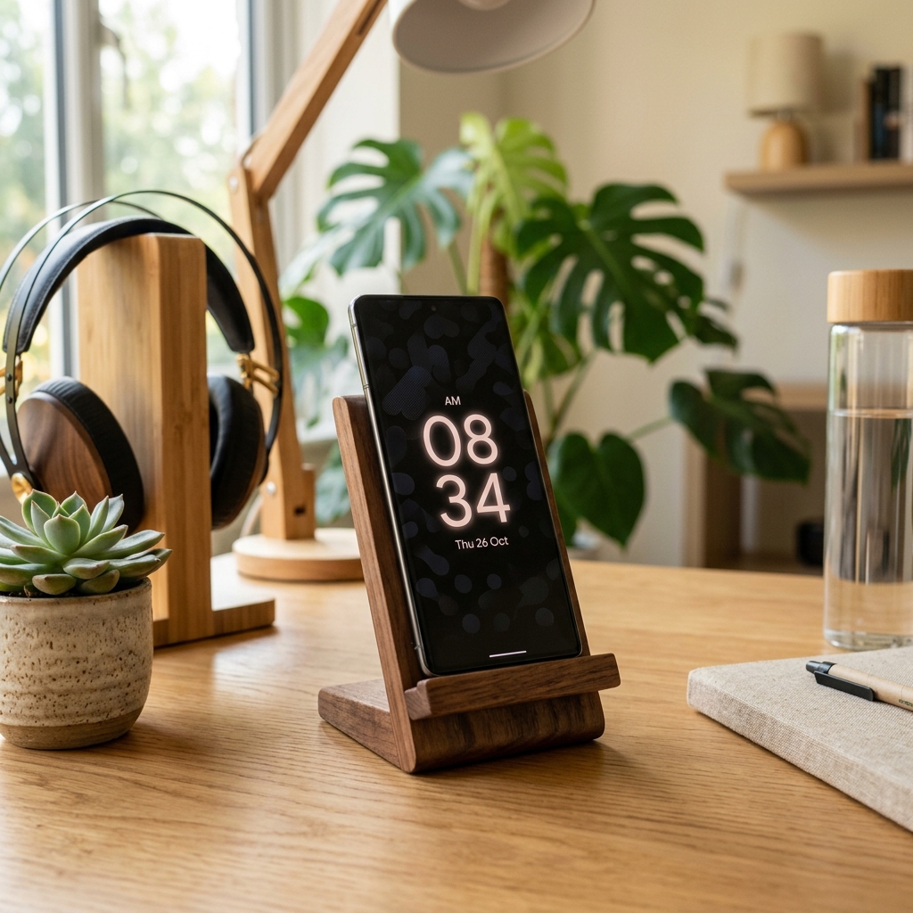 A sleek smart display phone resting on a wooden stand with OLED screen protection features