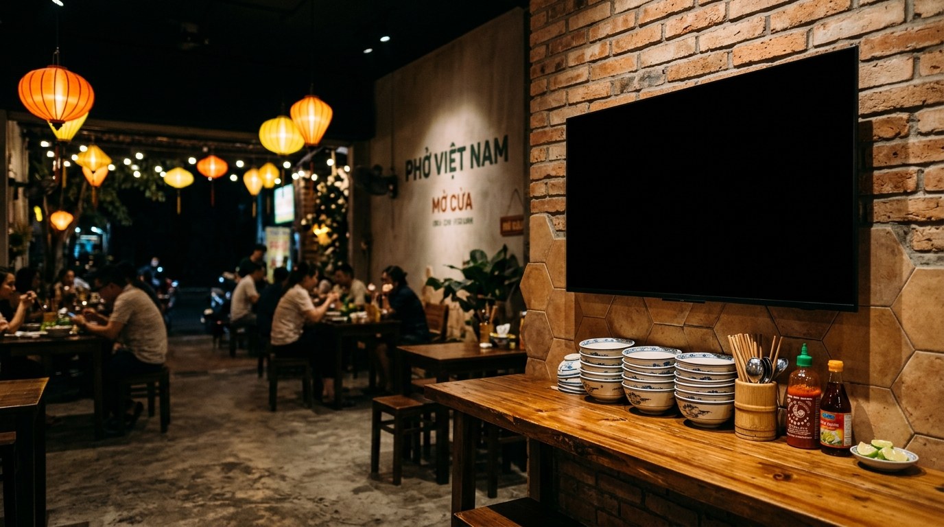 Không gian quán với bảng hiệu LED